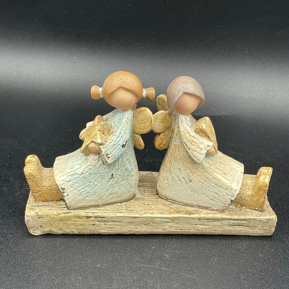 Back to Back Sitting Angel Girls Friends Decorative Figurine Holding Stars